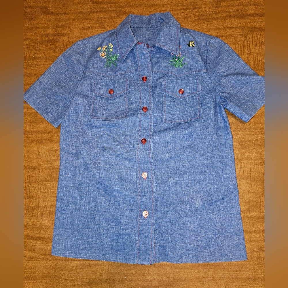 Embroidered Chambray Denim Blouse Hippie S M Art Deco OOAK